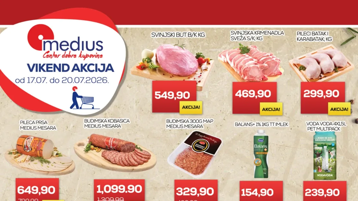 Medius vikend akcija 17.07. do 20.07.2026. – sveže meso, suhomesnati proizvodi, mlečni proizvodi, voće, povrće i proizvodi za domaćinstvo po akcijskim cenama