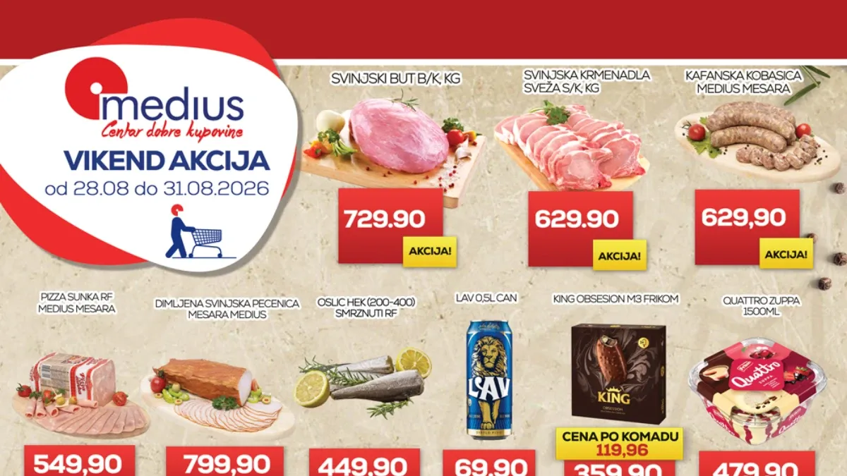 Medius vikend akcija od 28.08. do 31.08.2026. donosi meso, ribu, suhomesnate proizvode, voće i povrće uz popuste do 32%
