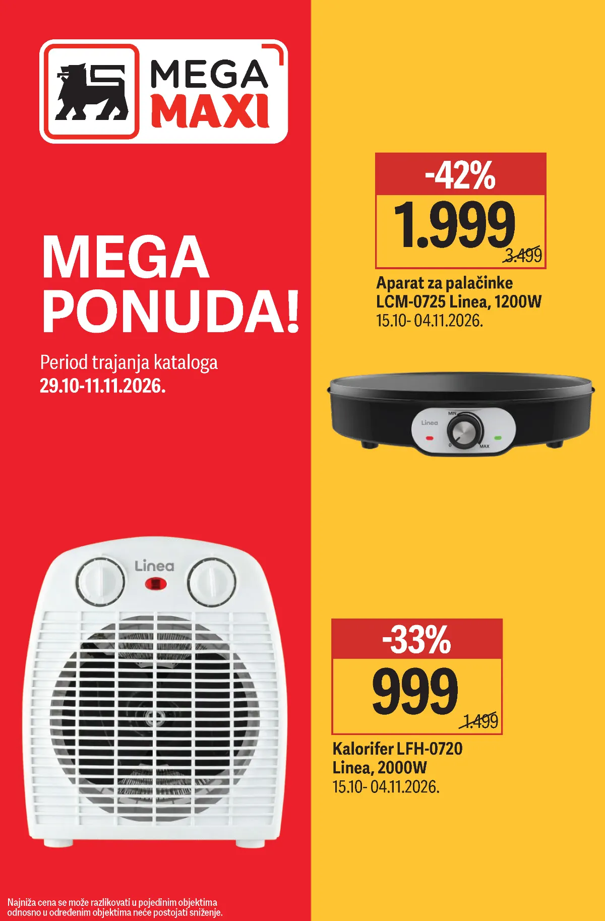 Mega Maxi katalog 29.10–11.11.2026. – Linea aparat za palačinke 1.999 dinara i kalorifer 999 dinara, popusti do 42%