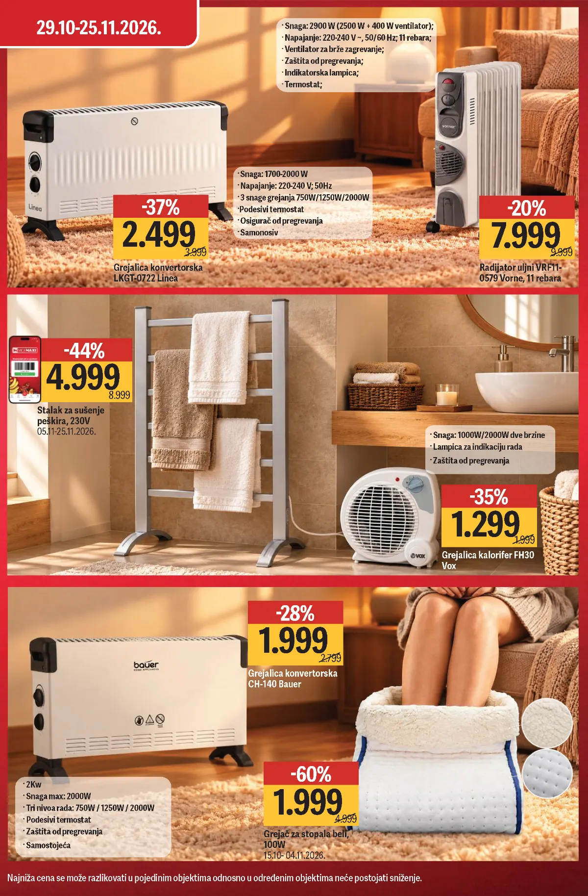 Mega Maxi katalog strana 3 – grejač za stopala 1.999 dinara, Linea konvektorska grejalica 2.499 dinara i Vox kalorifer
