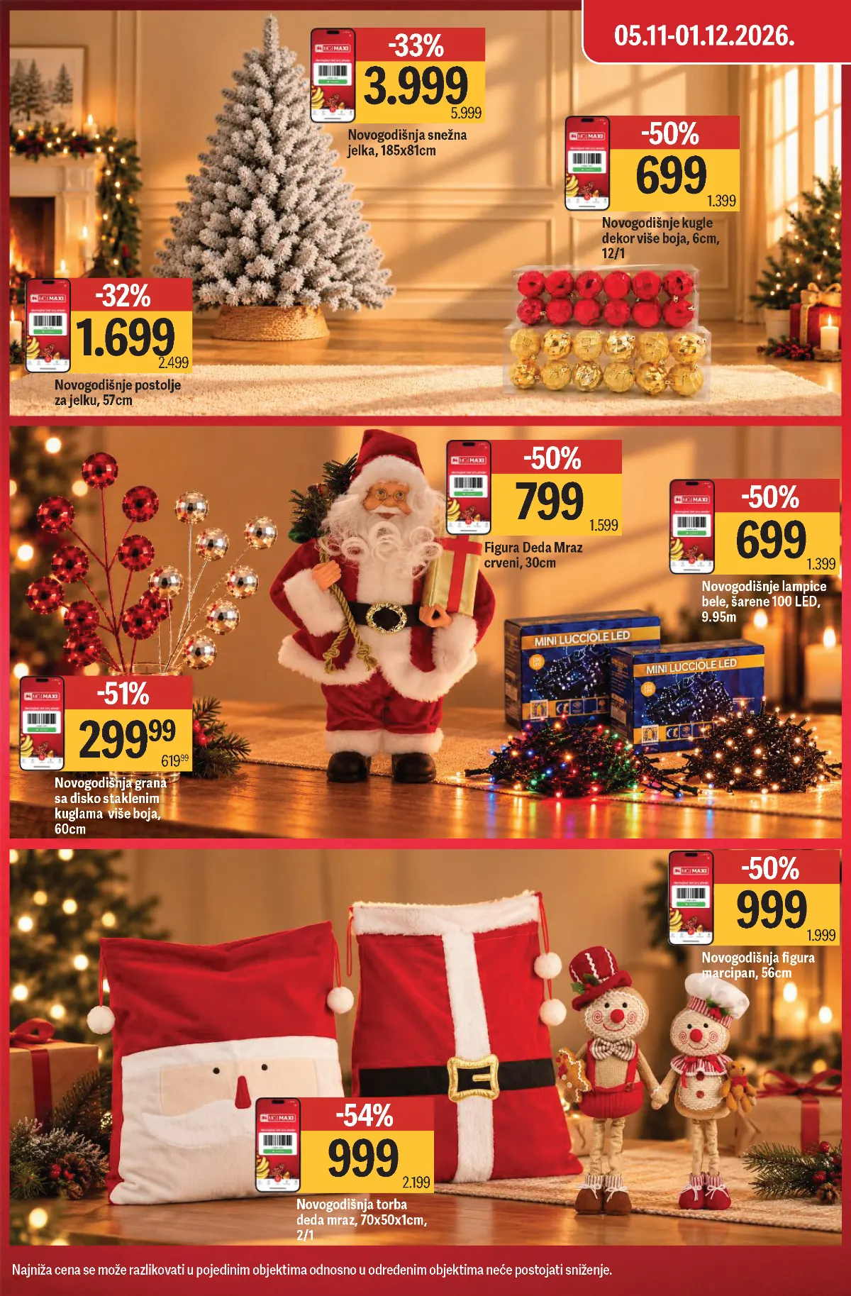 Mega Maxi katalog strana 4 – novogodišnja jelka 3.999 dinara, LED lampice 699 dinara i ukrasi sa popustima do 54%