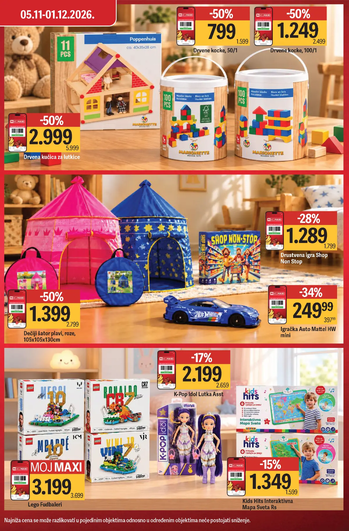 Mega Maxi katalog strana 5 – drvena kućica za lutkice 2.999 dinara, dečiji šator 1.399 dinara i drvene kocke
