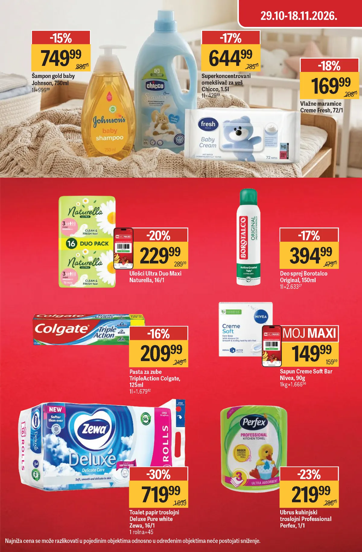 Mega Maxi katalog strana 6 – Zewa toalet papir 719,99 dinara, Chicco omekšivač 644,99 dinara i Johnson Baby šampon