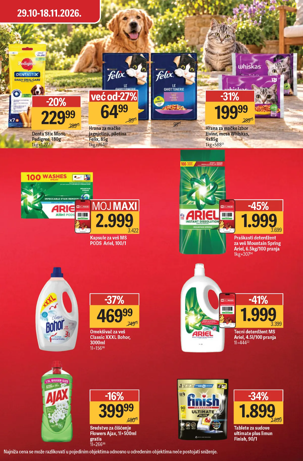 Mega Maxi katalog strana 7 – Ariel prašak za veš 1.999 dinara, Ariel tečni deterdžent 1.999 dinara i Finish tablete