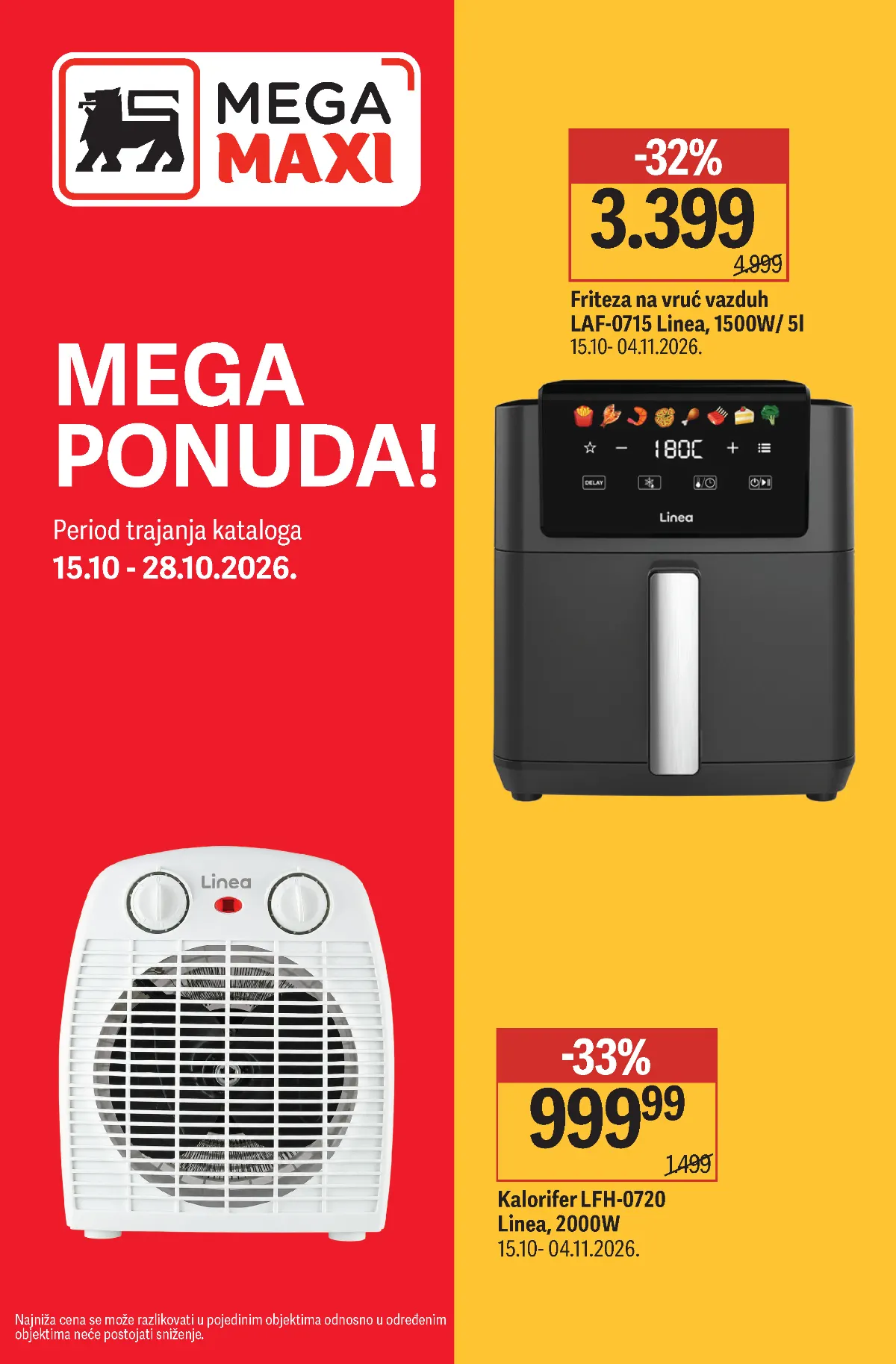 Mega Maxi katalog od 15. do 28.10.2026. – friteza Linea 3.399 dinara, kalorifer 999,99 dinara i popusti do 54%