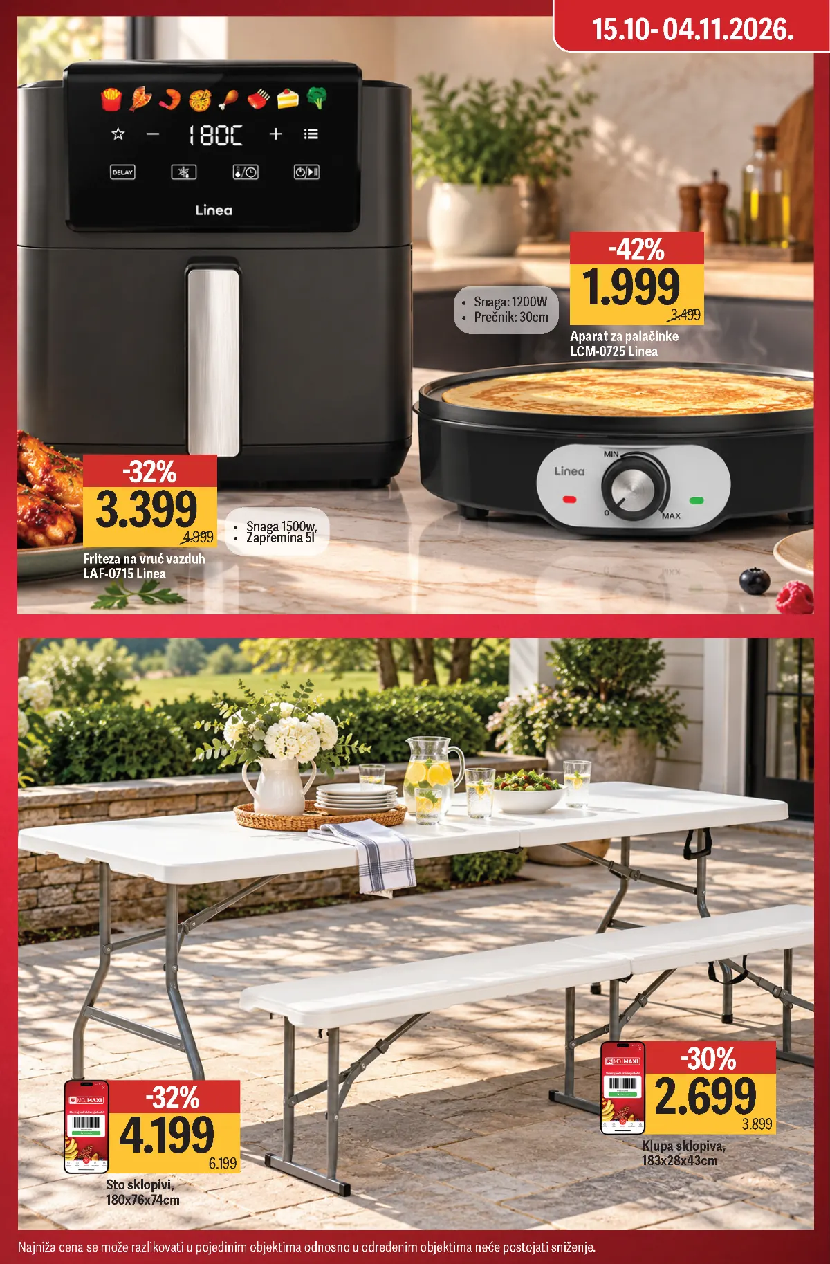 Mega Maxi katalog strana 2 – Linea friteza 3.399 dinara, aparat za palačinke 1.999 dinara, sklopivi sto i klupa