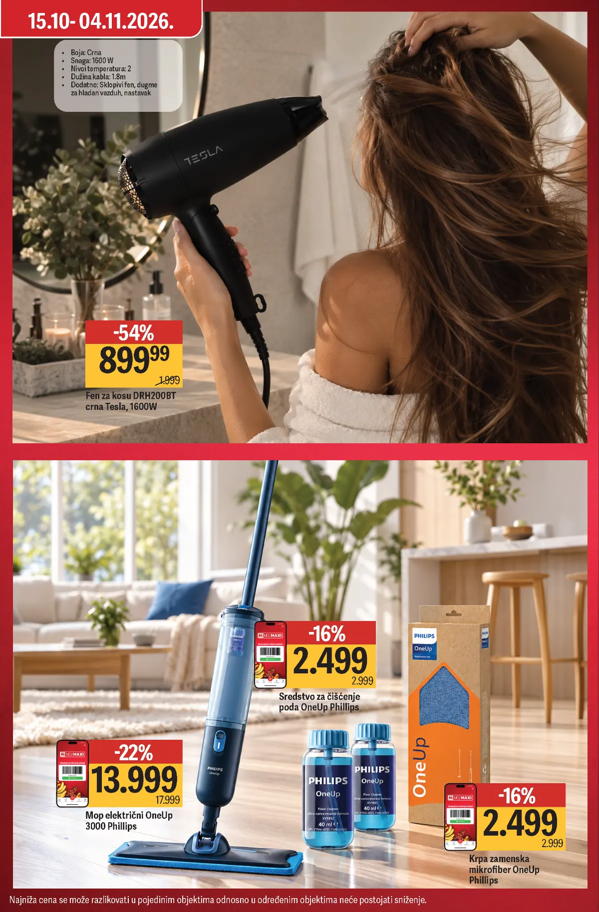 Mega Maxi katalog strana 3 – Tesla fen 899,99 dinara, Philips električni mop 13.999 dinara i sredstva za podove