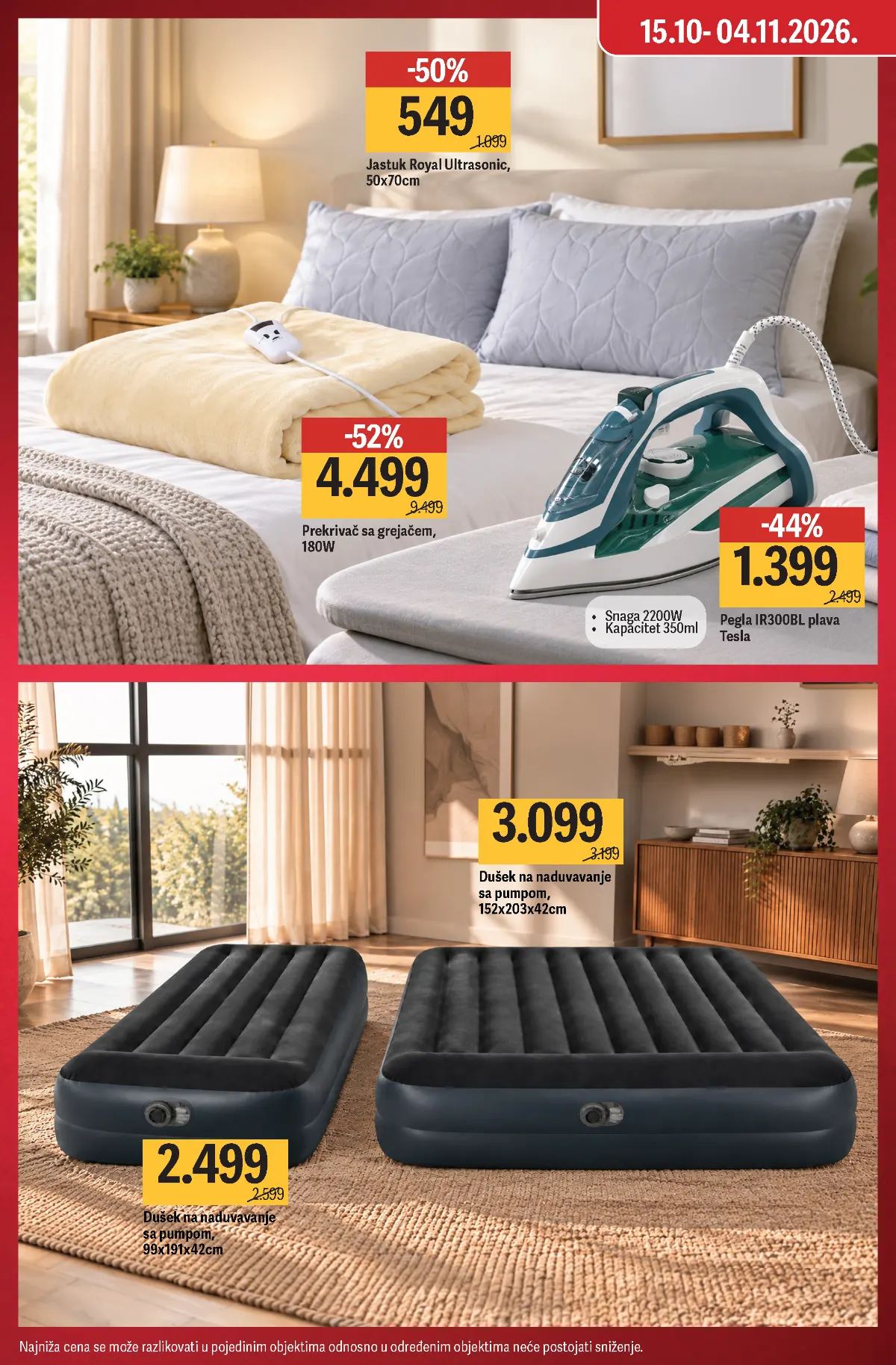 Mega Maxi katalog strana 4 – grejni prekrivač 4.499 dinara, jastuk 549 dinara, Tesla pegla i dušeci