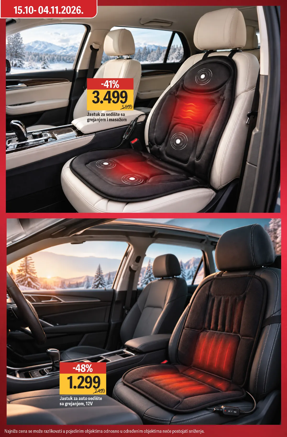Mega Maxi katalog strana 5 – grejni jastuk sa masažom 3.499 dinara i jastuk za auto-sedište 1.299 dinara