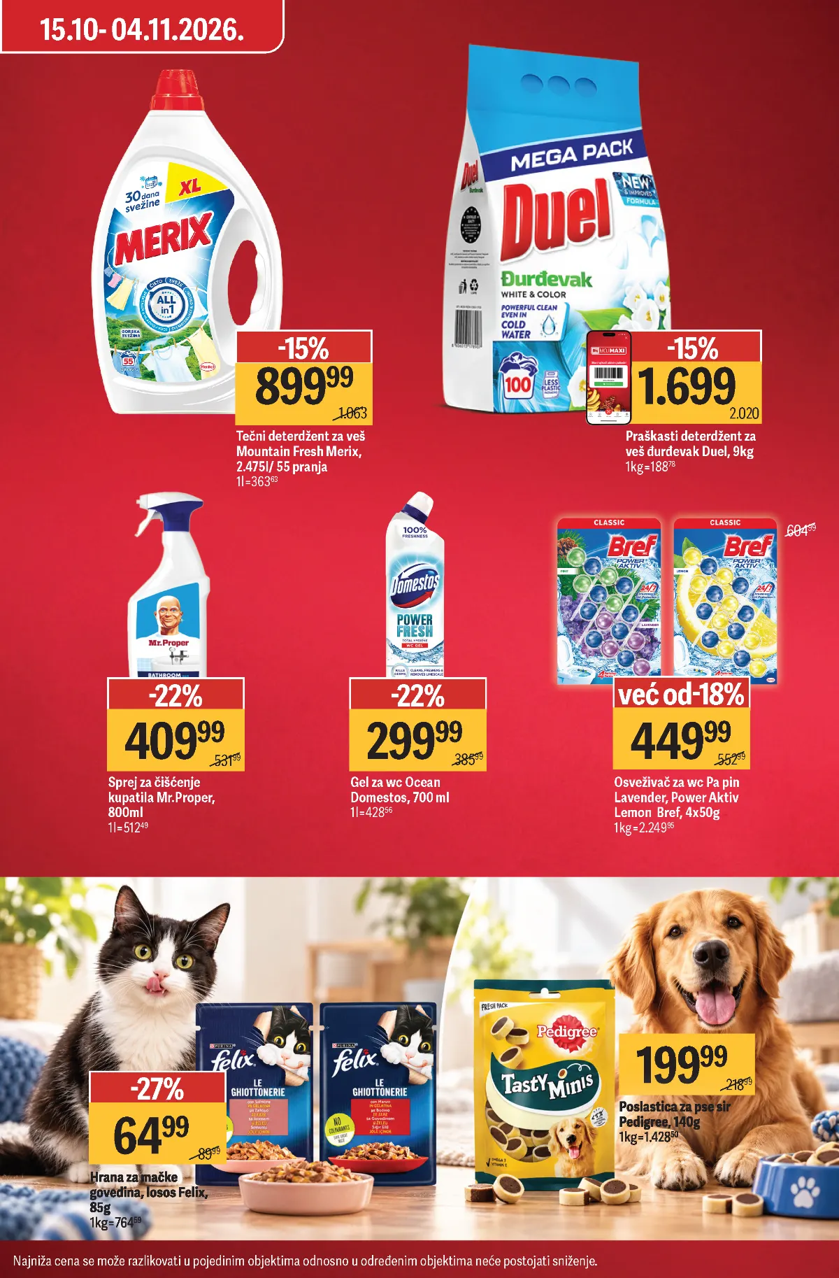 Mega Maxi katalog strana 9 – Merix, Duel, Domestos, Bref, Mr. Proper i Felix hrana za mačke na akciji