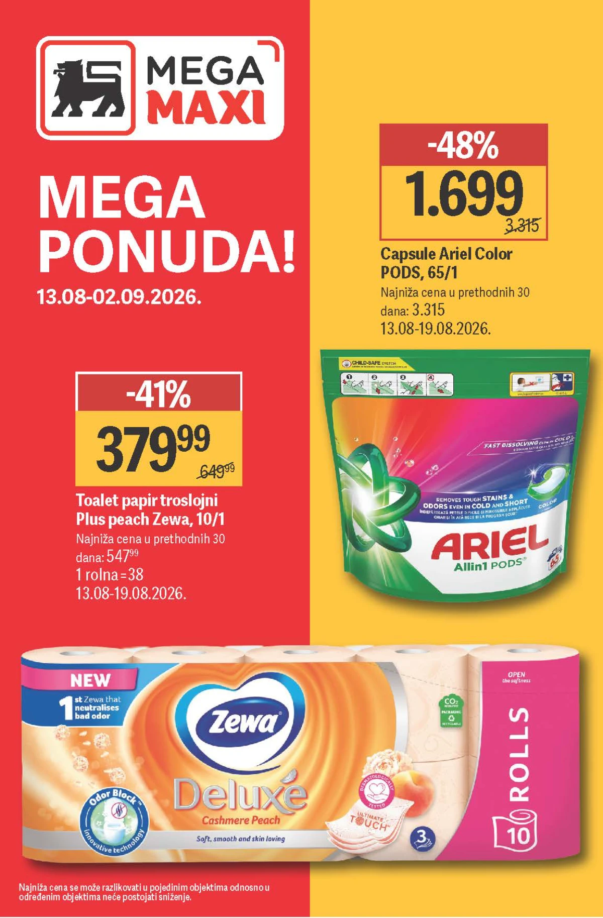 Mega Maxi katalog do 02.09.2026. – Ariel Color PODS i Zewa toalet papir uz popuste do 48%