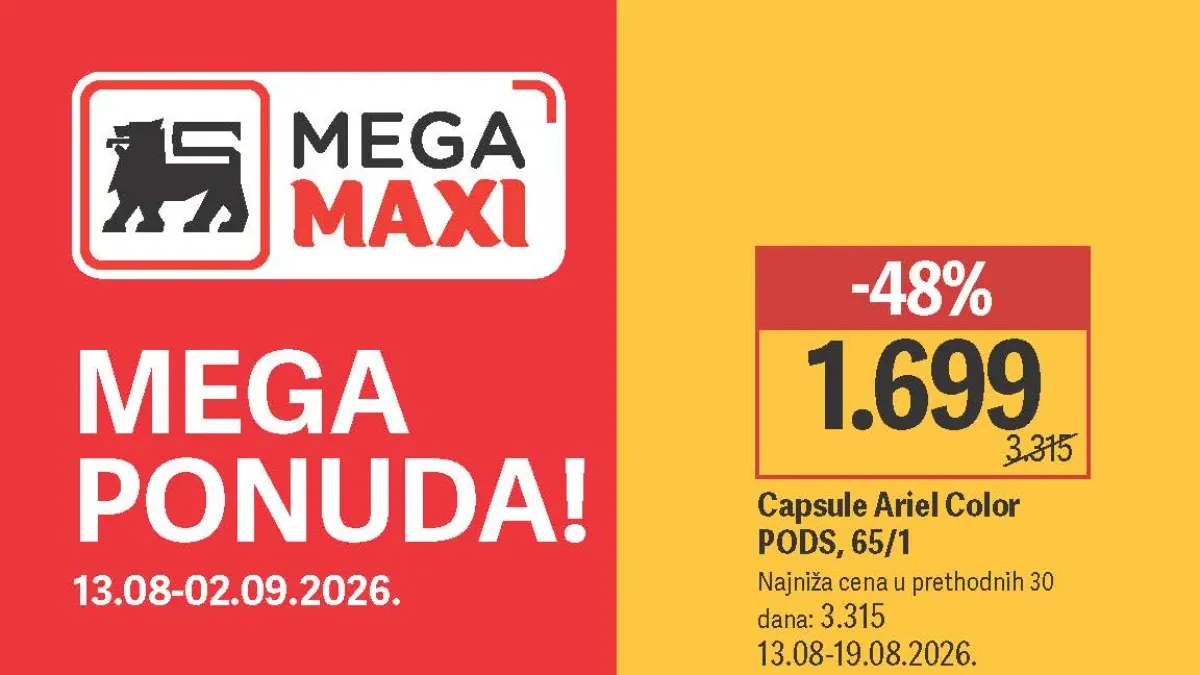 Mega Maxi katalog do 02.09.2026. – Ariel kapsule, Zewa toalet papir i nova Mega ponuda uz popuste do 57%