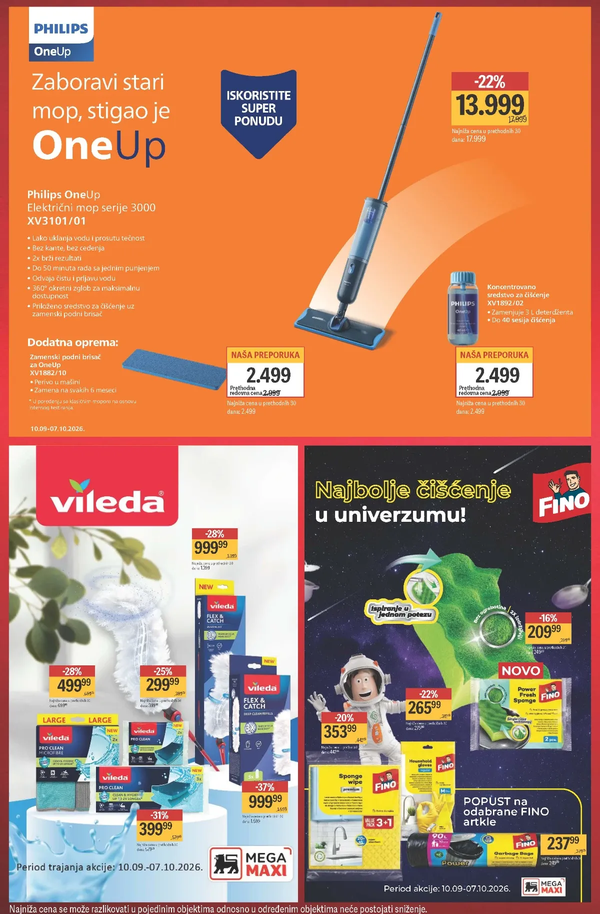 Mega Maxi ponuda Philips OneUp električnog mopa te Vileda i Fino proizvoda za čišćenje
