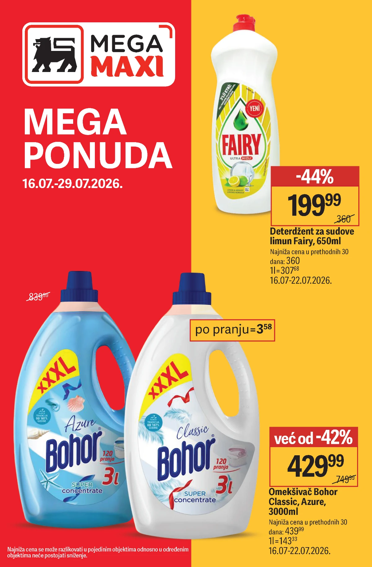 Mega Maxi Mega ponuda od 16. do 29.07.2026. – Fairy, Bohor, Faks i brojni proizvodi uz popuste do 64%