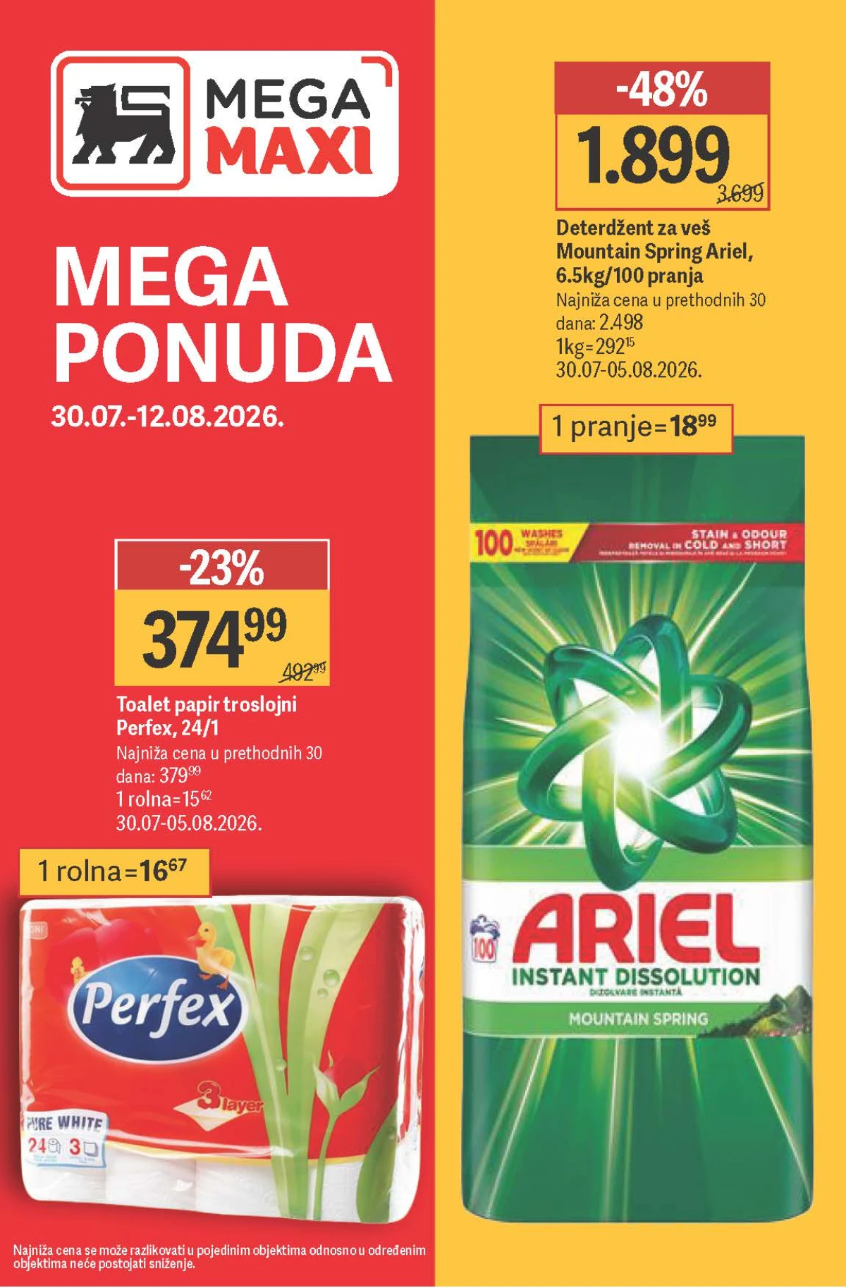 Maxi Mega ponuda do 12.08.2026. – Ariel deterdžent, Perfex toalet papir i novi popusti do 71% na odabrane proizvode