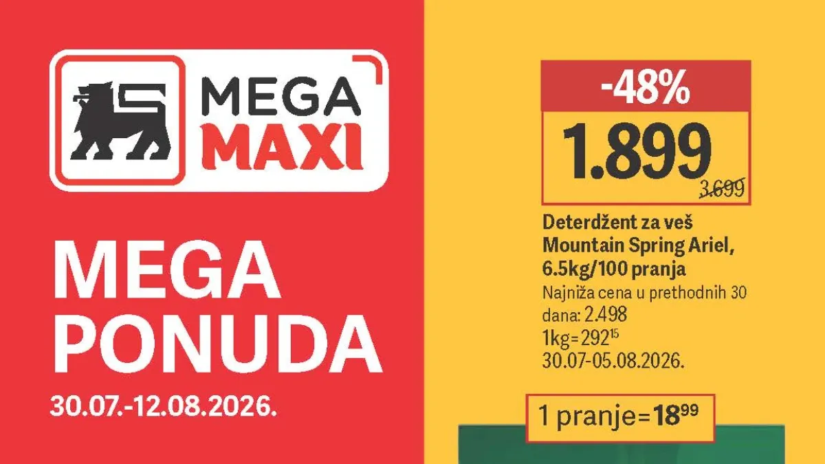 Maxi Mega ponuda do 12.08.2026. – Ariel, Perfex, alat Ferm i brojni proizvodi za domaćinstvo uz popuste do 71%