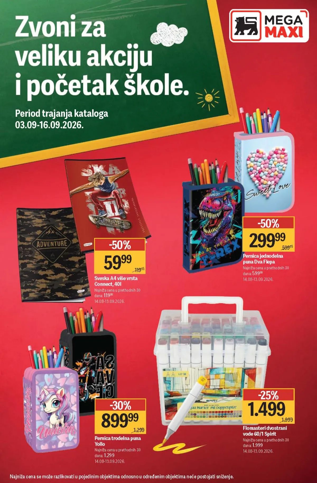 Mega Maxi školska akcija od 03.09. do 16.09.2026. – sveske, pernice, flomasteri i školski pribor sniženi do 50%