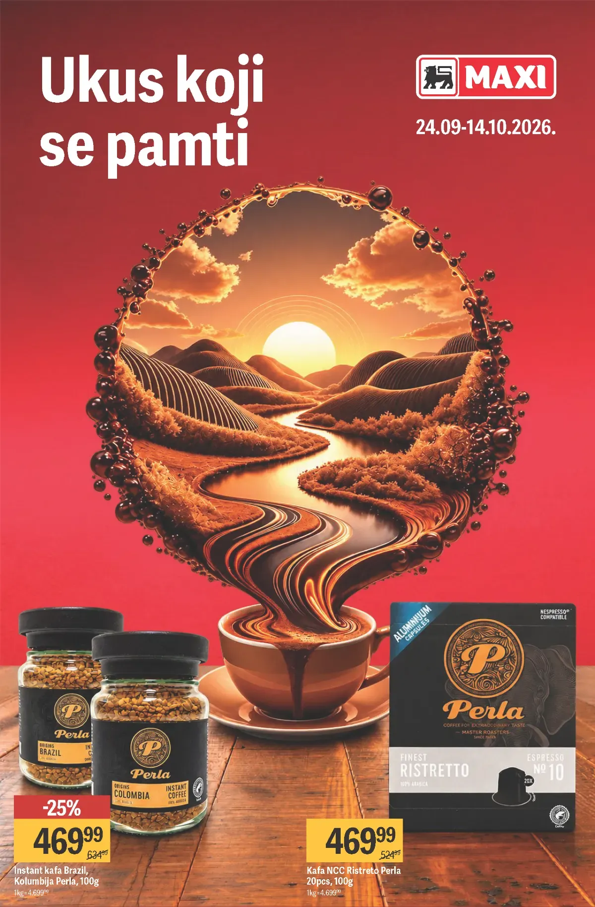 Naslovna strana Mega Maxi kataloga Ukus koji se pamti od 24.09. do 14.10.2026. sa Perla kafom na akciji
