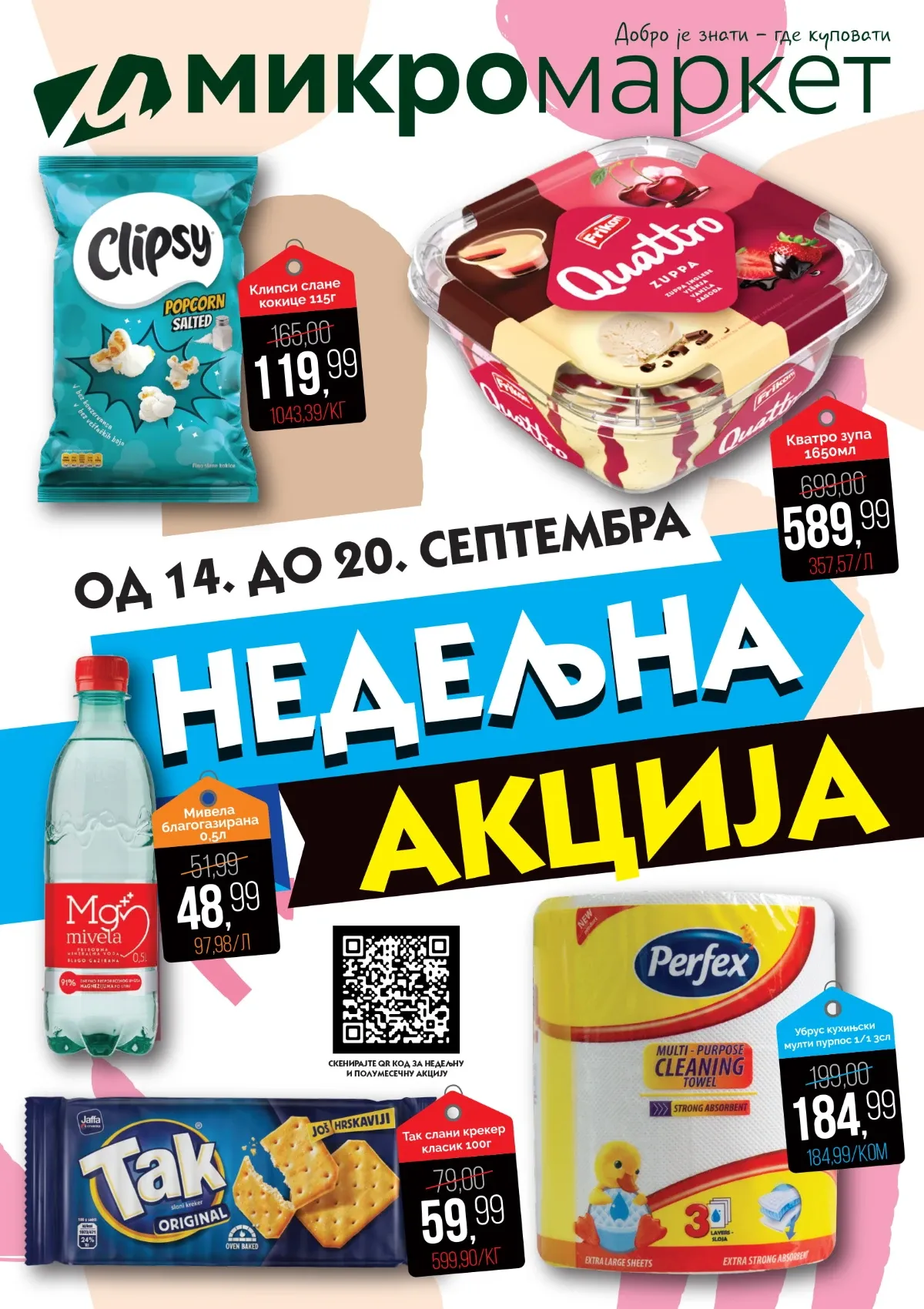Mikromarket nedeljna akcija od 14. do 20.09.2026. – Clipsy kokice, Quattro sladoled, Mivela voda, Tak kreker i Perfex ubrusi po sniženim cenama