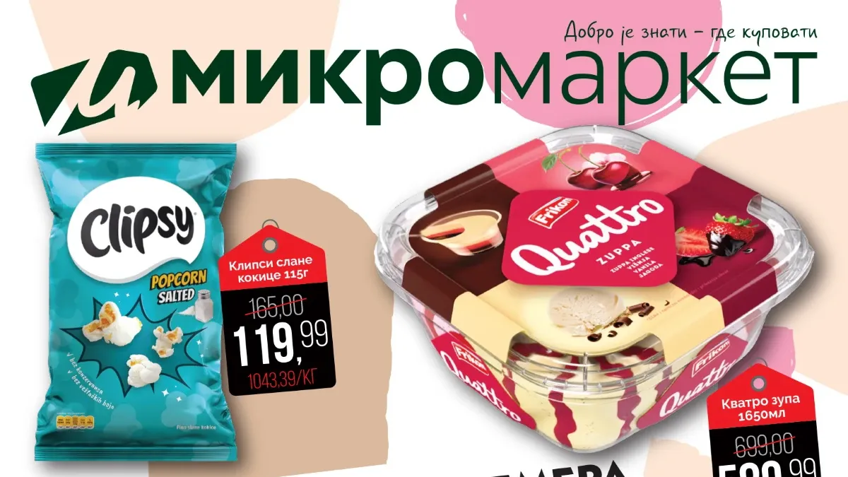 Mikromarket nedeljna akcija od 14. do 20.09.2026. – Clipsy kokice, Quattro sladoled, Mivela voda, Tak kreker i Perfex ubrusi po sniženim cenama