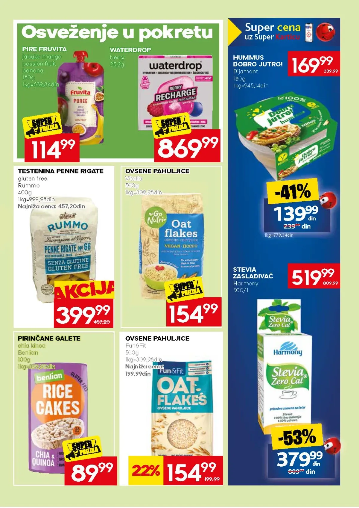 Mercator akcija na pire od voća, ovsene pahuljice, humus i zaslađivač