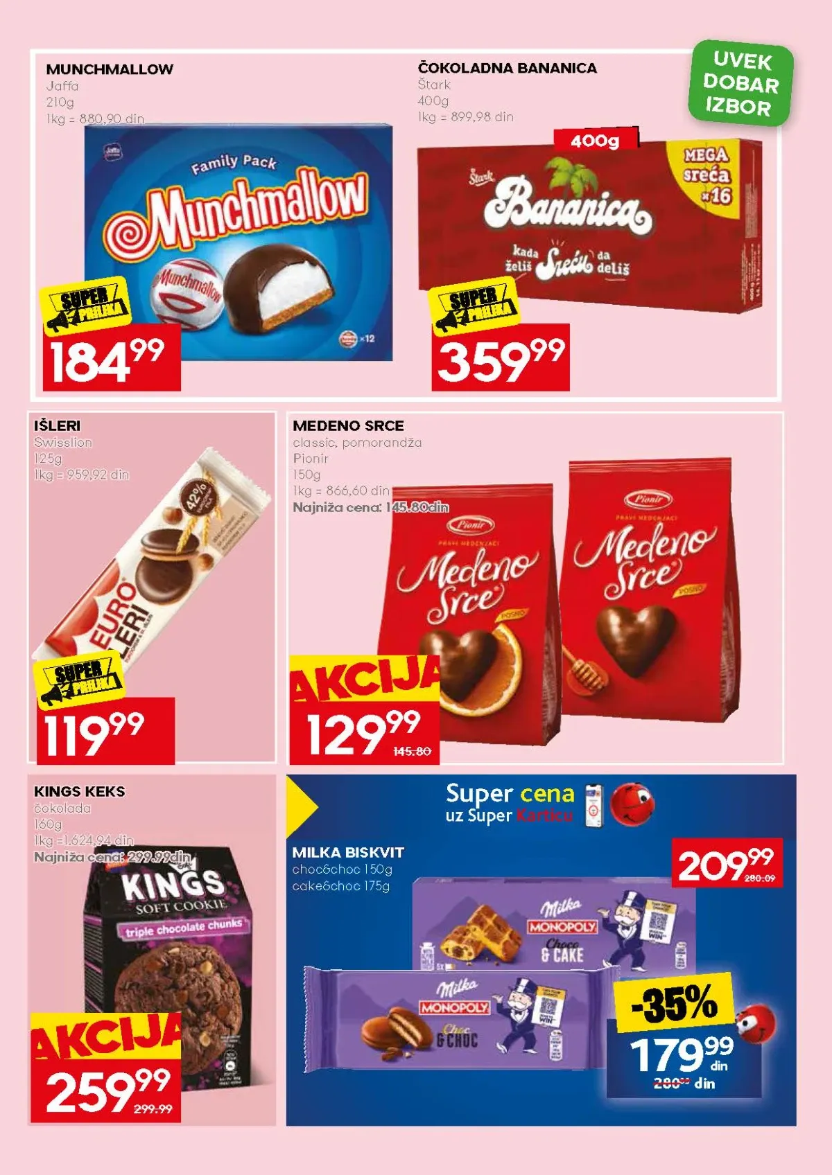 Mercator akcija na Munchmallow, čokoladne bananice, išlere i Medeno srce