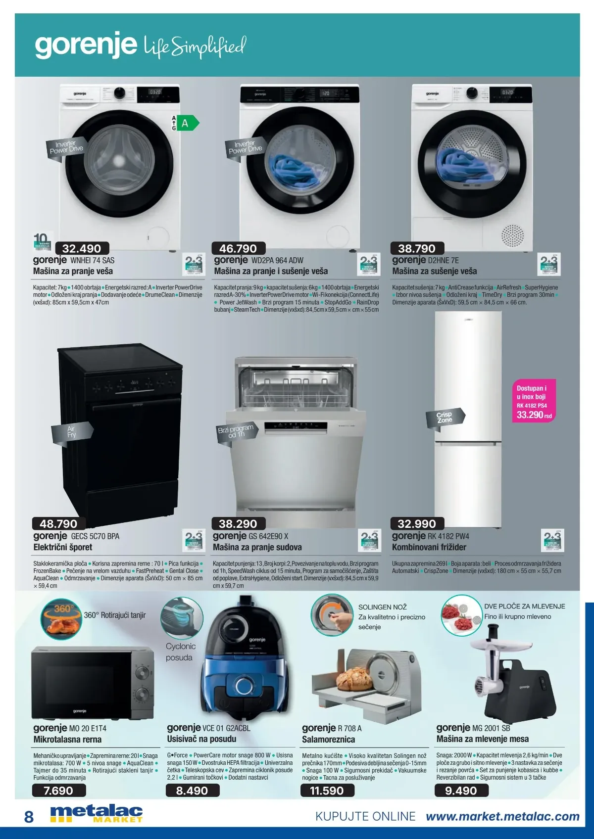Gorenje uređaji u Metalac Market katalogu – mašine za veš i sudove, frižider, mikrotalasna, usisivač i salamoreznica