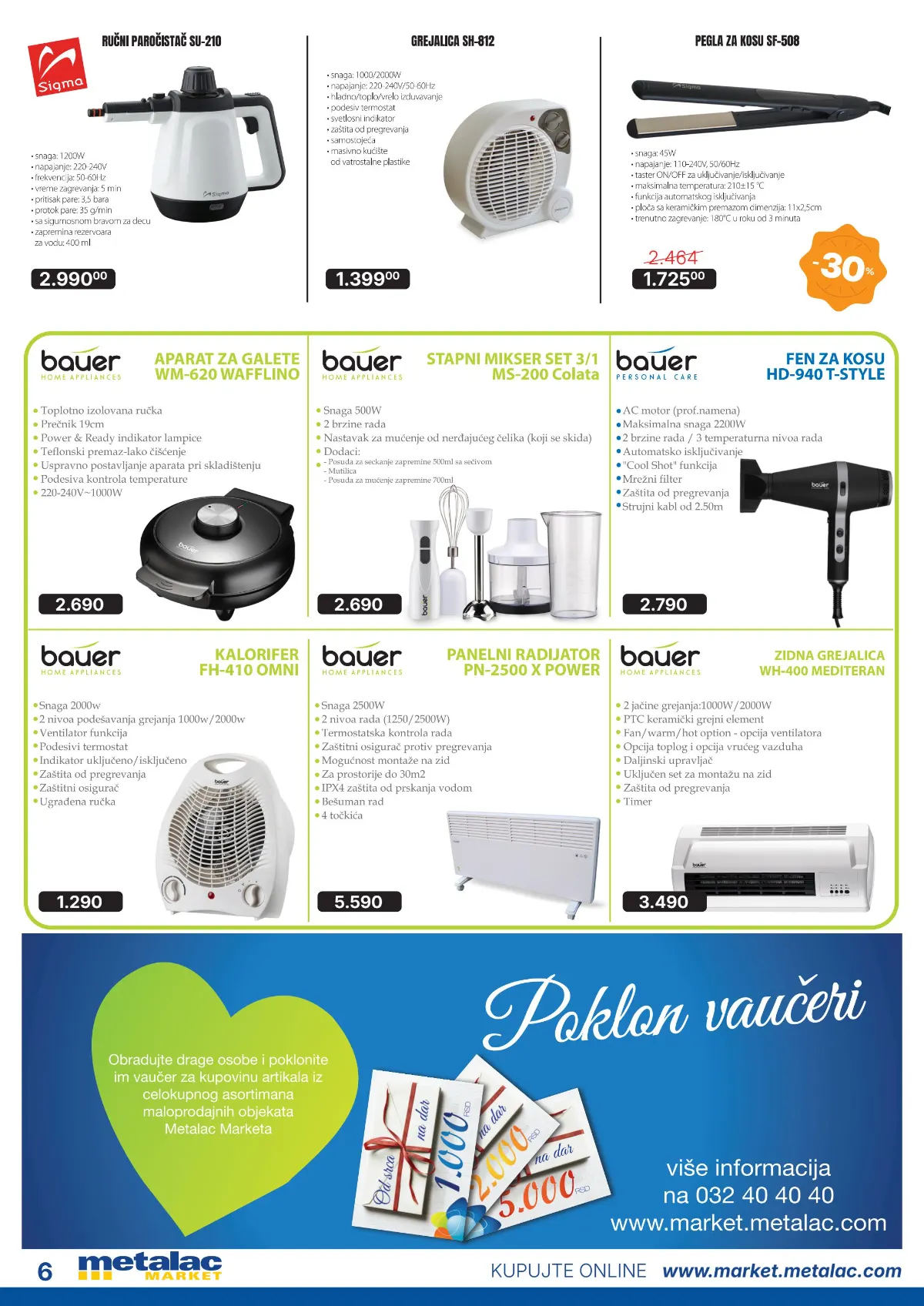 Metalac Market katalog – Sigma i Bauer mali kućni aparati i grejalice na akciji