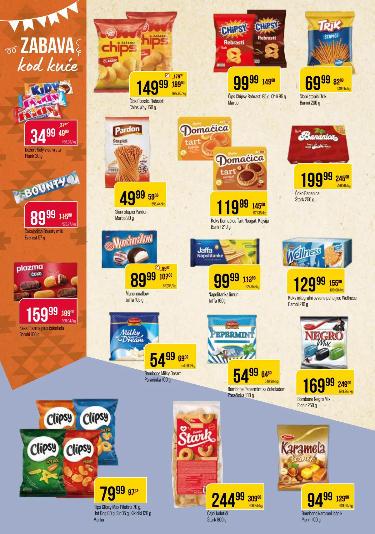 Metalac Proleter katalog, strana 8 – čips, slani štapići, keks, Munchmallow, bombone i Clipsy
