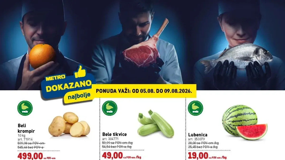 METRO akcija do 09.08.2026. donosi snižene cene svežeg mesa, ribe, voća, povrća i zamrznutog programa.