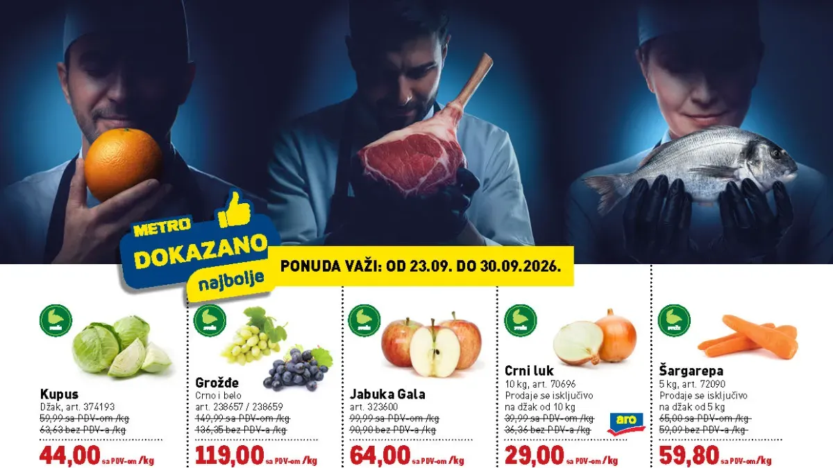 METRO Dokazano najbolje akcija od 23.09. do 30.09.2026. – kupus, grožđe, jabuke, povrće, teletina, svinjetina, losos, tuna i brancin po akcijskim cenama