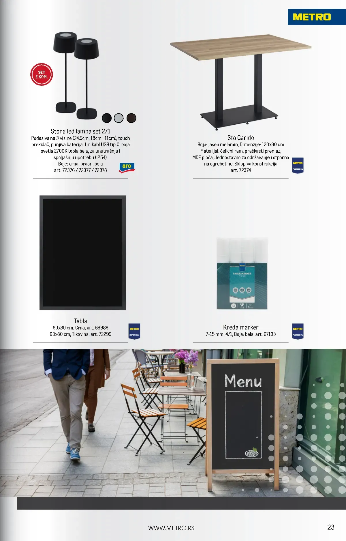 METRO HoReCa katalog oktobar 2026. – stona LED lampa, sto Garido i tabla za meni