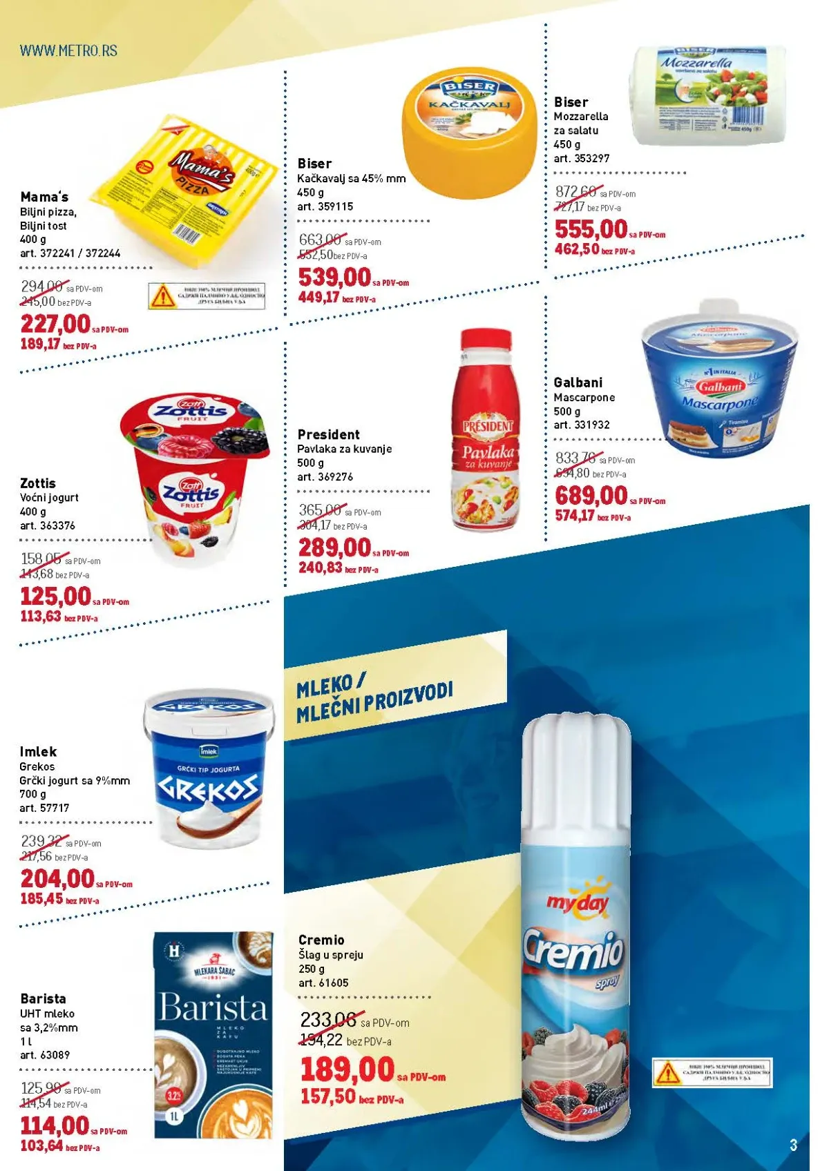 METRO katalog do 19.08.2026. – strana 3 sa mlečnim proizvodima i UHT mlekom.