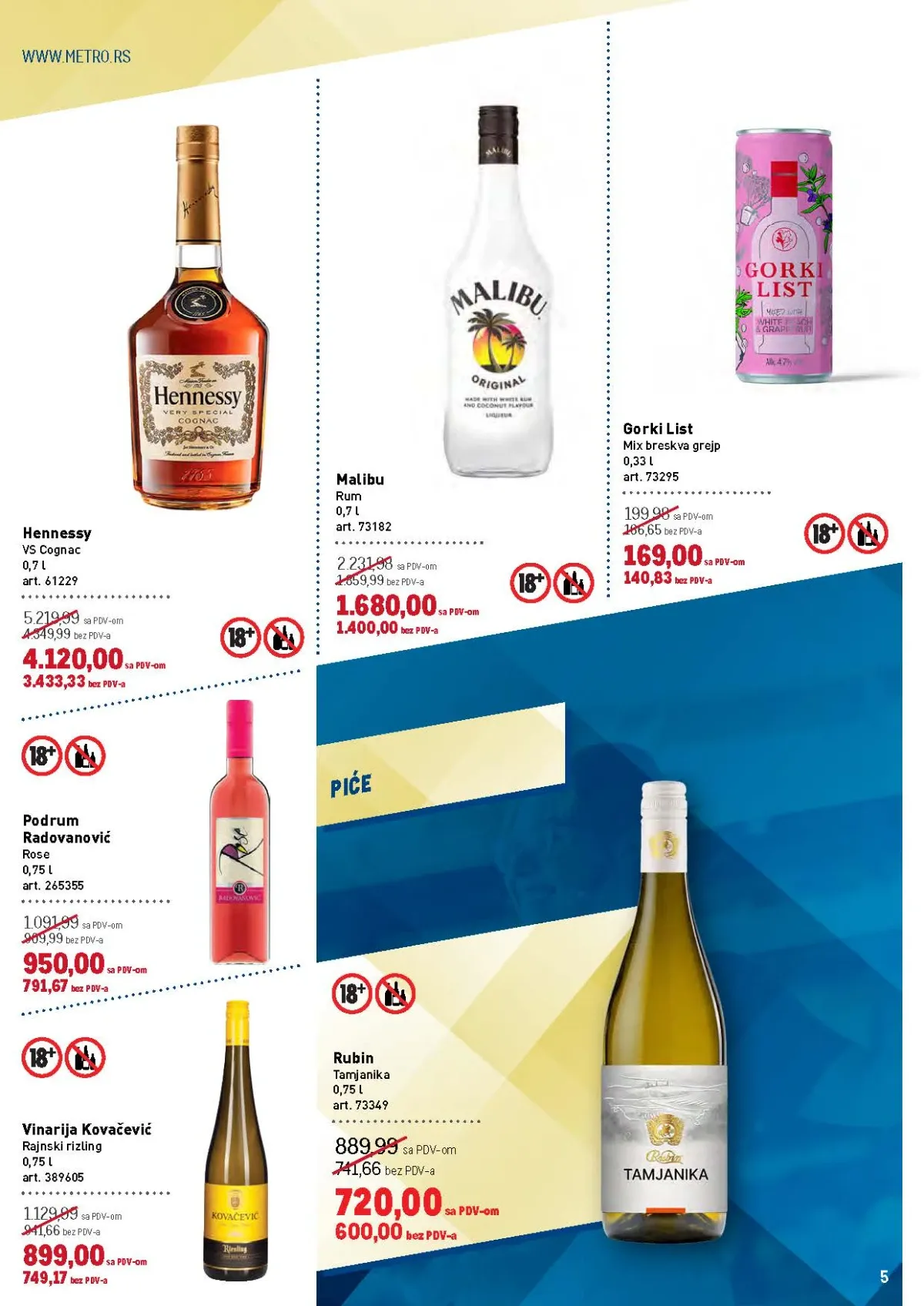 METRO katalog do 19.08.2026. – strana 5 sa vinima, rumom, konjakom i ostalim pićima.