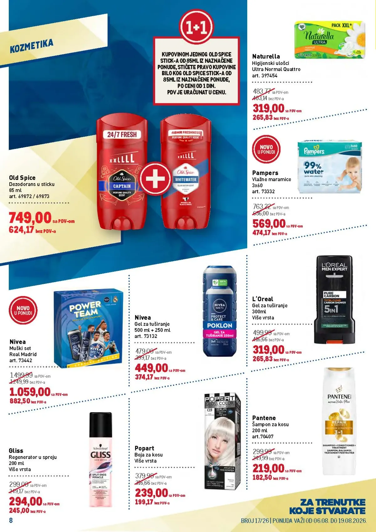 METRO katalog do 19.08.2026. – strana 8 sa kozmetikom, Pampers proizvodima i proizvodima za ličnu negu.