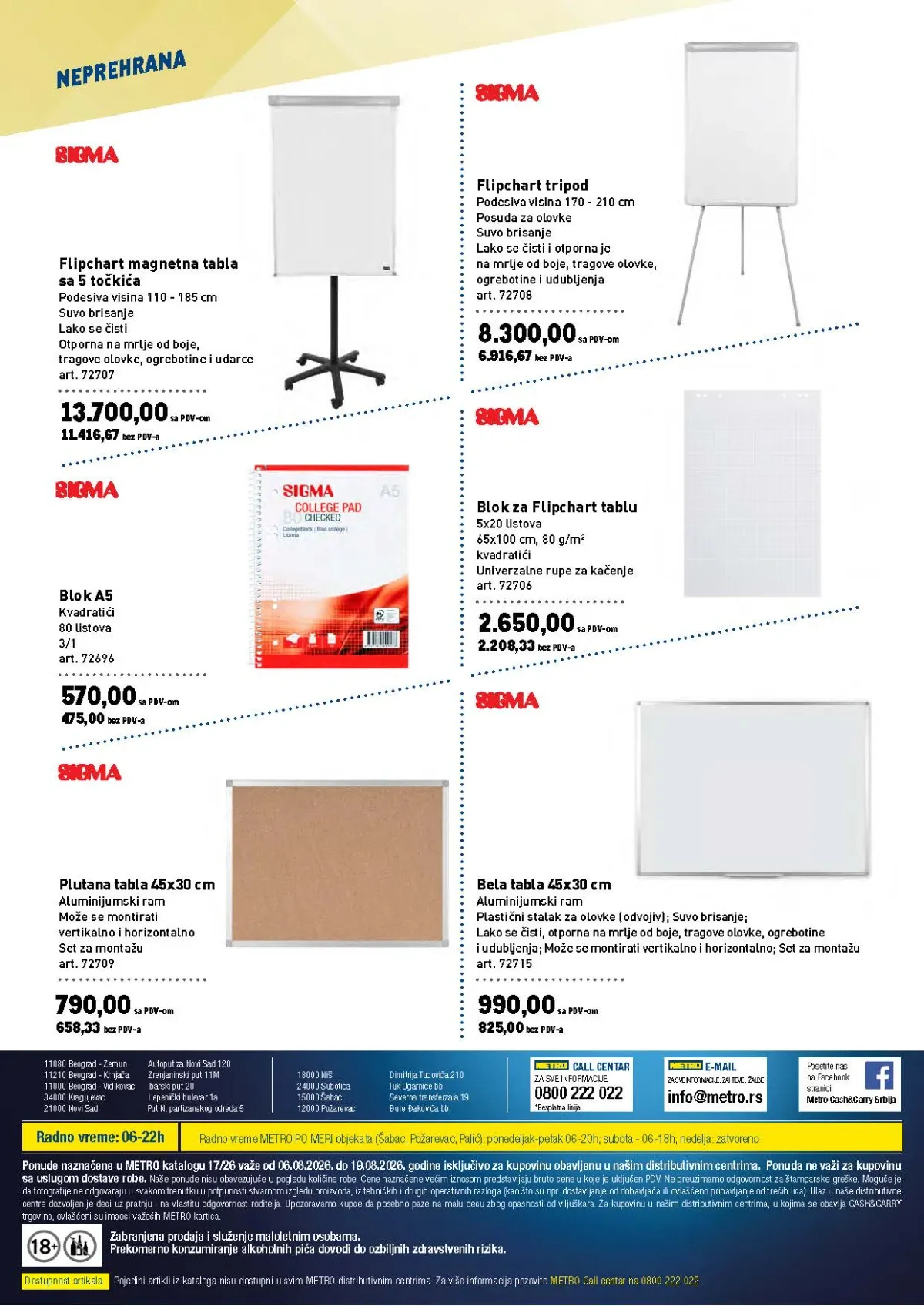 METRO katalog do 19.08.2026. – strana 14 sa kancelarijskom opremom, flipchart tablama i belim tablama.