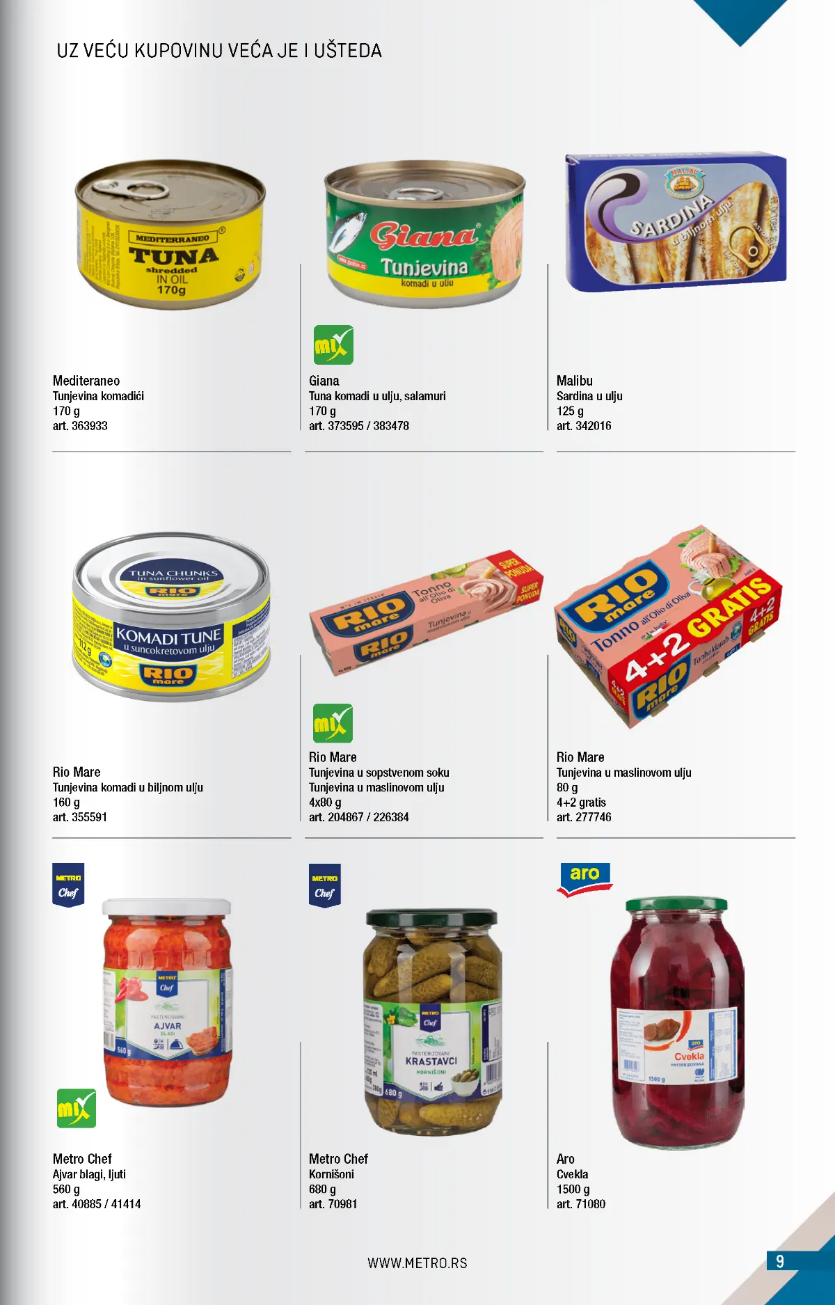 METRO katalog – tunjevina i zimnica, strana 9 METRO katalog novembar 2026. – Rio Mare tunjevina 4 plus 2 gratis, sardine, ajvar i kornišoni