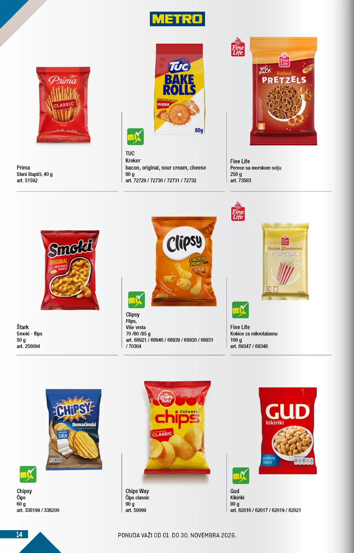 METRO katalog – grickalice, strana 14 METRO katalog novembar 2026. – Smoki, Chipsy, TUC krekeri i slane grickalice