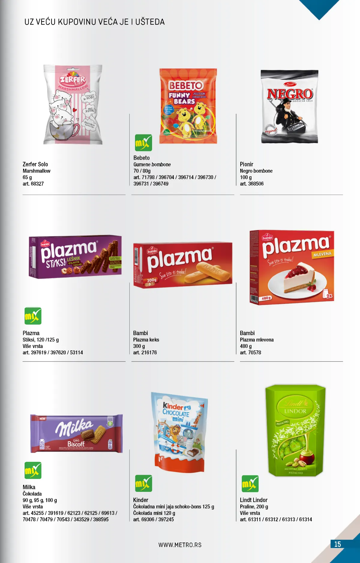 METRO katalog – čokolade i slatkiši, strana 15 METRO katalog novembar 2026. – Milka, Kinder, Lindt i Plazma slatkiši