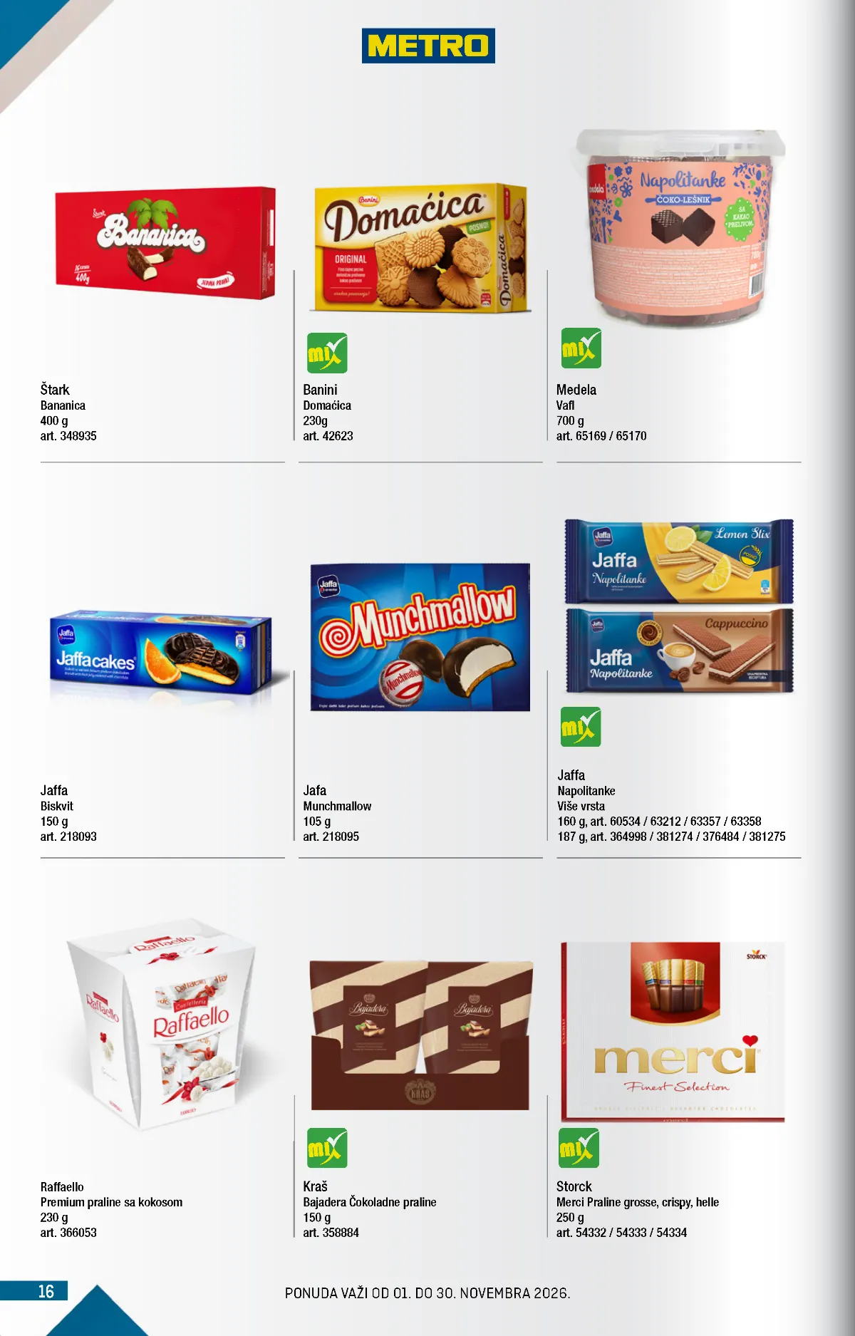 METRO katalog – praline i keks, strana 16 METRO katalog novembar 2026. – Bajadera, Merci, Raffaello i Jaffa slatkiši