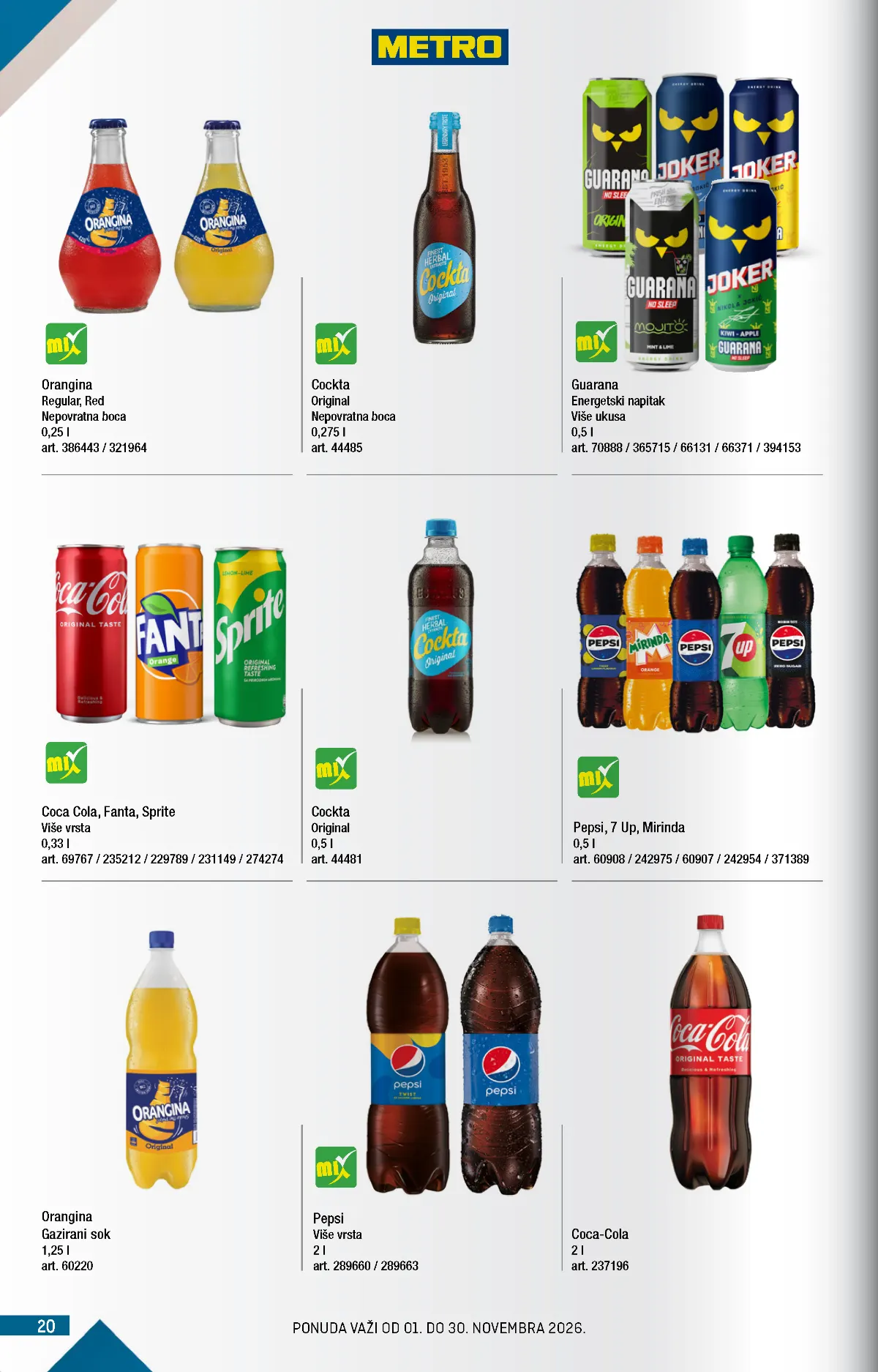 METRO katalog – gazirana pića, strana 20 METRO katalog novembar 2026. – Coca-Cola, Pepsi, Cockta i energetska pića