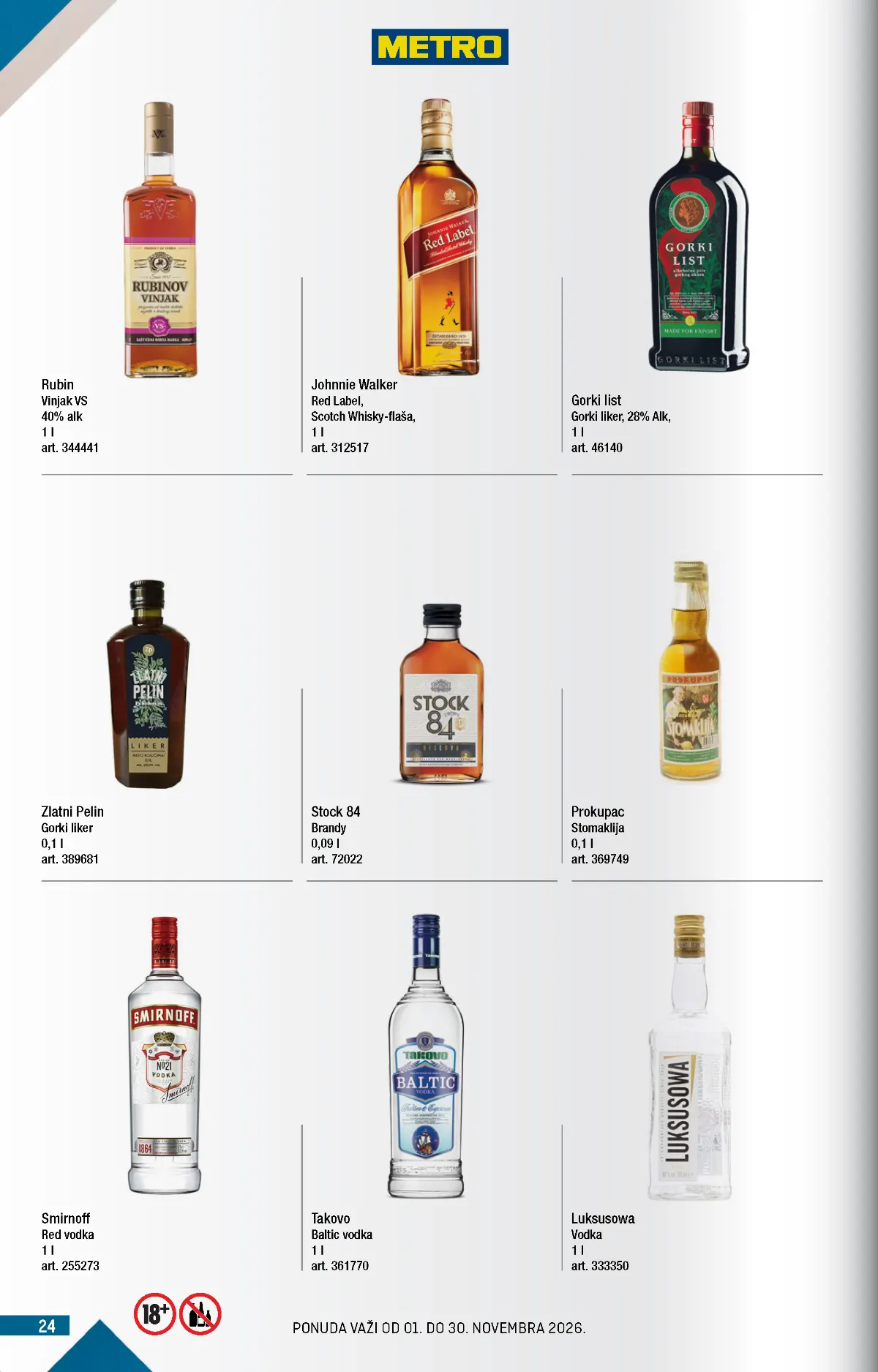 METRO katalog – žestoka pića, strana 24 METRO katalog novembar 2026. – Smirnoff, Rubin, Johnnie Walker i likeri