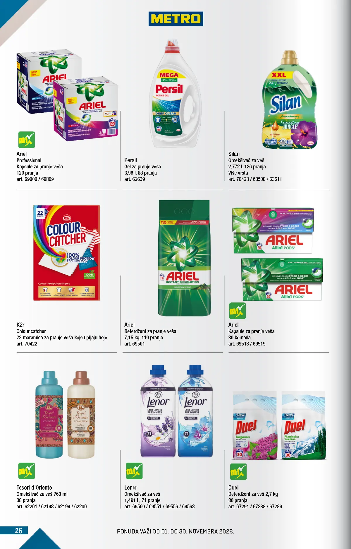 METRO katalog – deterdženti, strana 26 METRO katalog novembar 2026. – Ariel Professional, Persil, Silan i Lenor