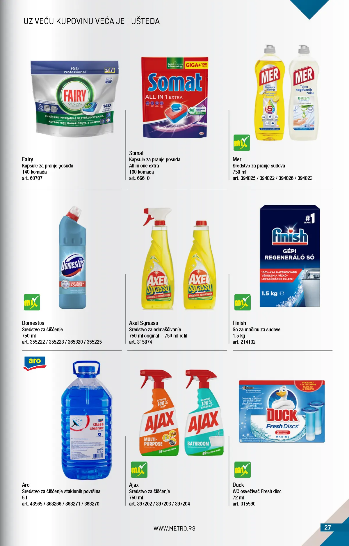 METRO katalog – kućna hemija, strana 27 METRO katalog novembar 2026. – Fairy, Somat, Domestos, Finish i sredstva za čišćenje