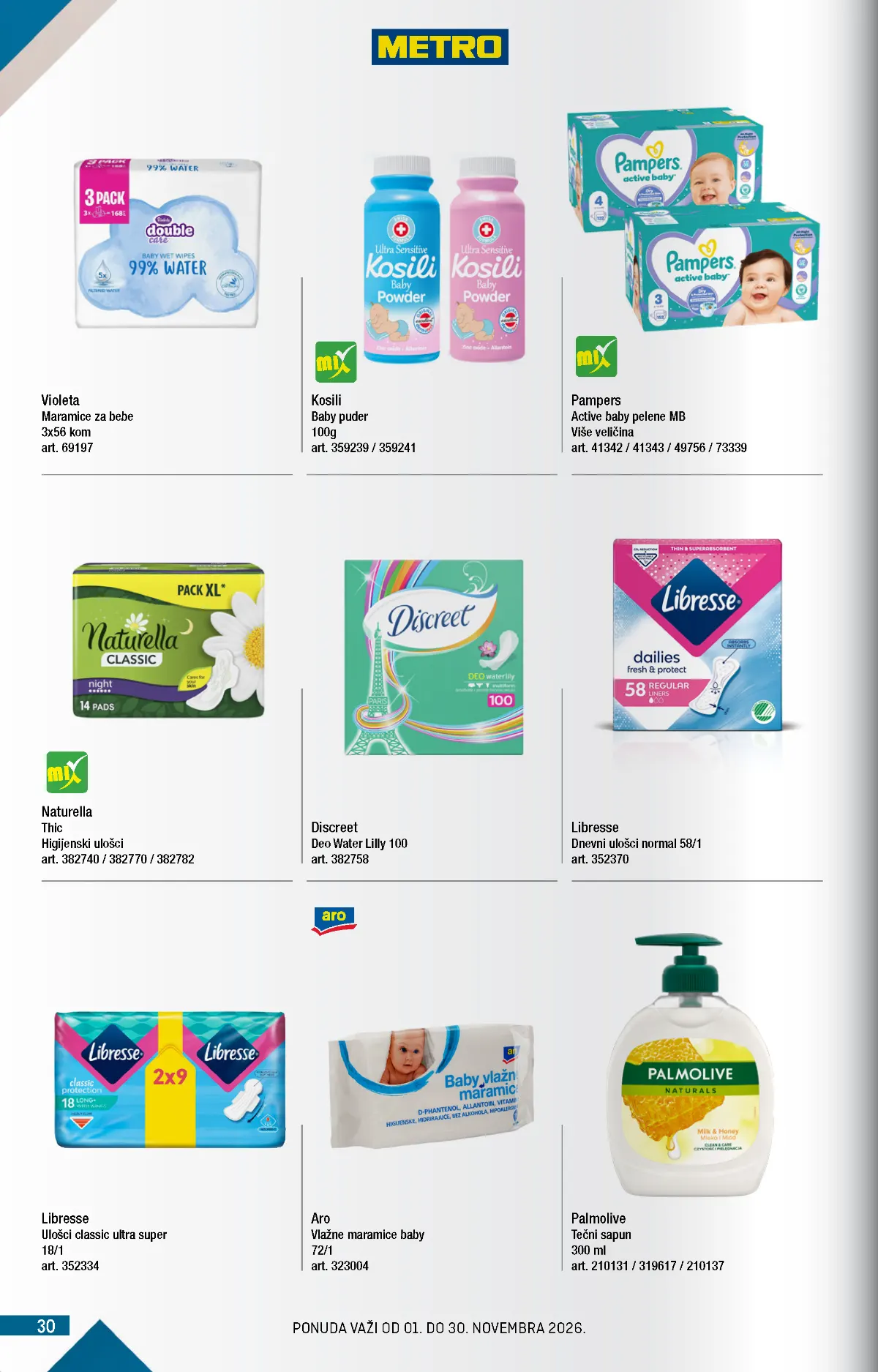 METRO katalog – pelene i higijena, strana 30 METRO katalog novembar 2026. – Pampers, Violeta, Libresse i dečja higijena