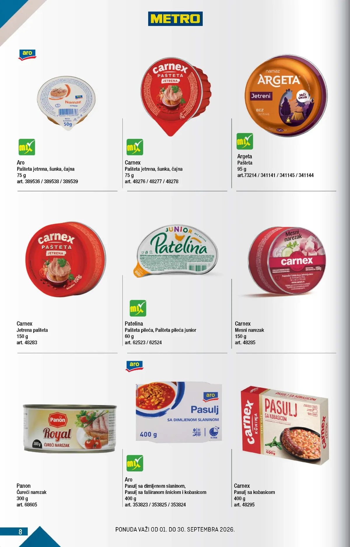 METRO katalog strana 8 – Argeta pašteta, Carnex mesni narezak i pasulj sa kobasicom