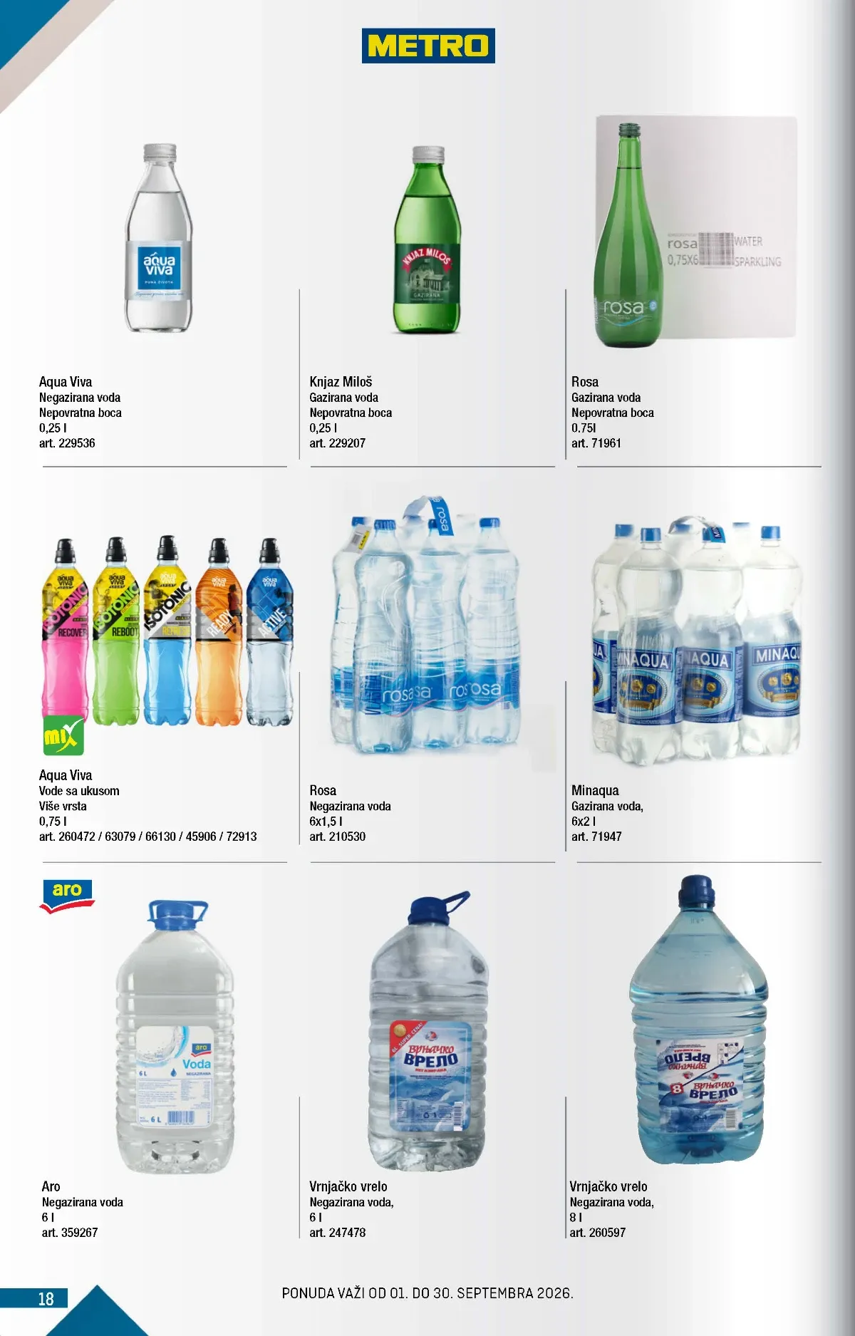 METRO katalog strana 18 – Aqua Viva negazirana voda, Rosa voda i Minaqua gazirana voda