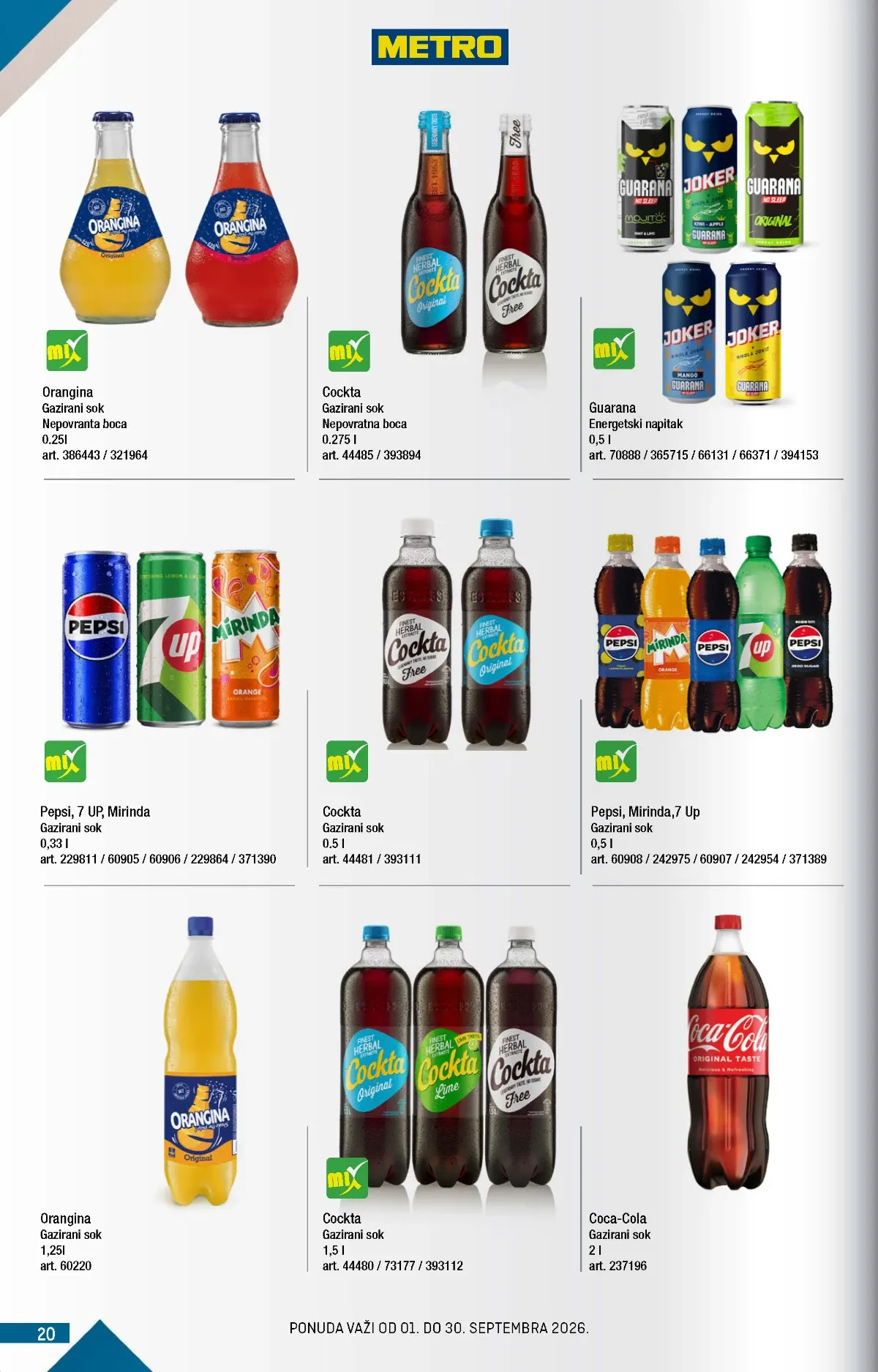 METRO katalog strana 20 – Coca-Cola od dva litra, Pepsi gazirani sok i Guarana energetski napitak