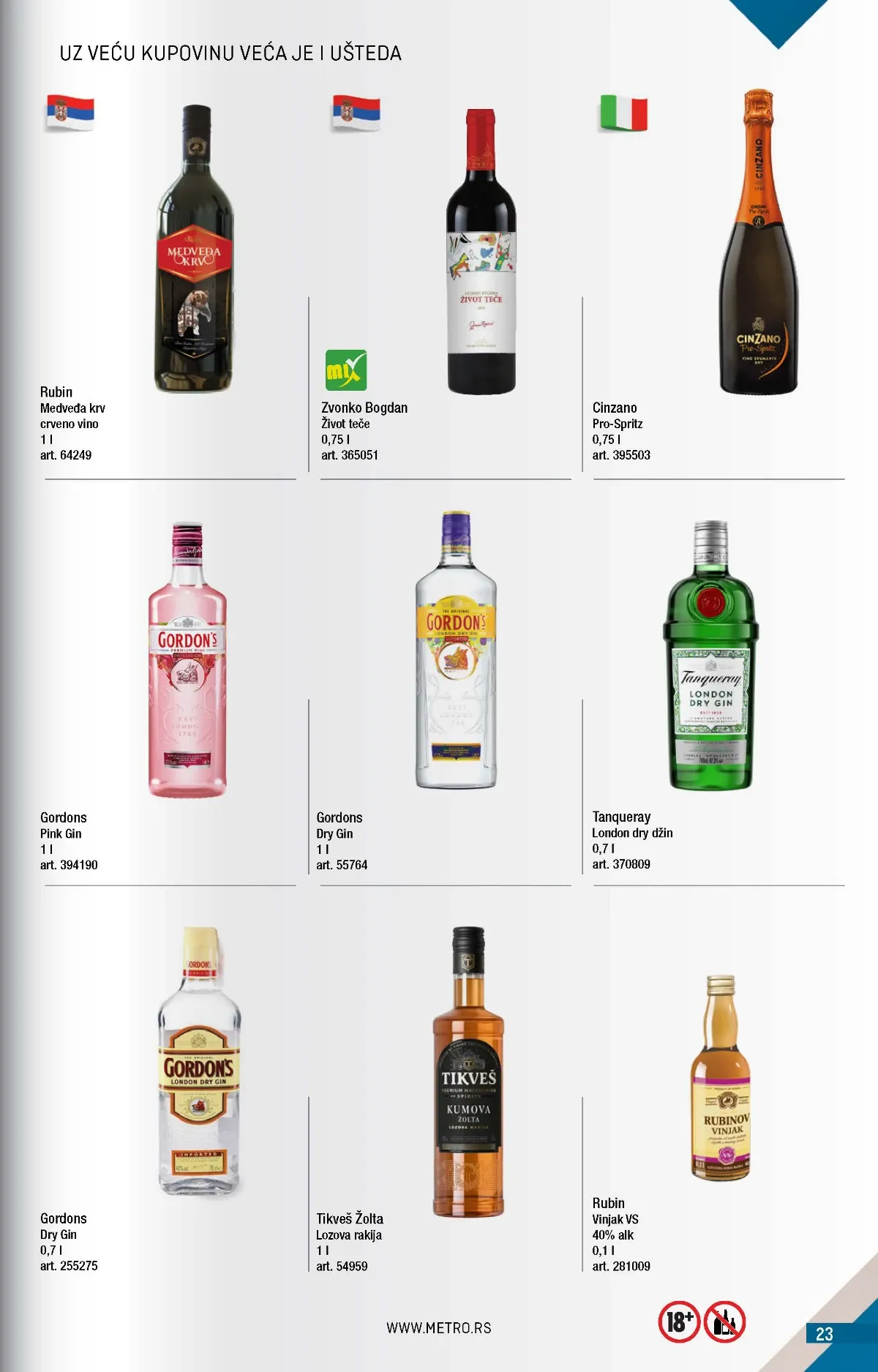 METRO katalog strana 23 – Gordon’s džin, Tanqueray London Dry džin i Rubin Medveđa krv vino