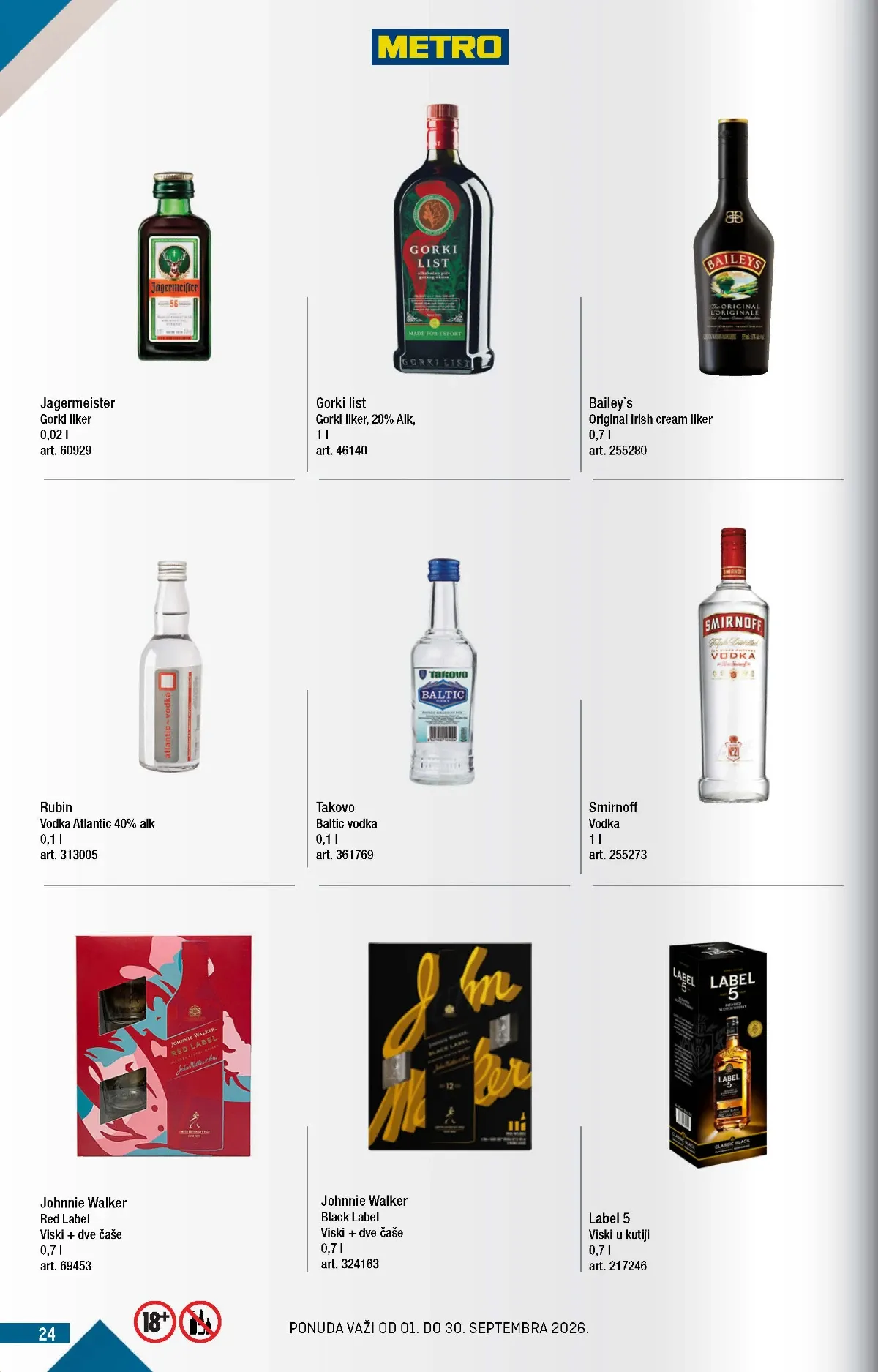 METRO katalog strana 24 – Jägermeister liker, Smirnoff vodka i Johnnie Walker viski